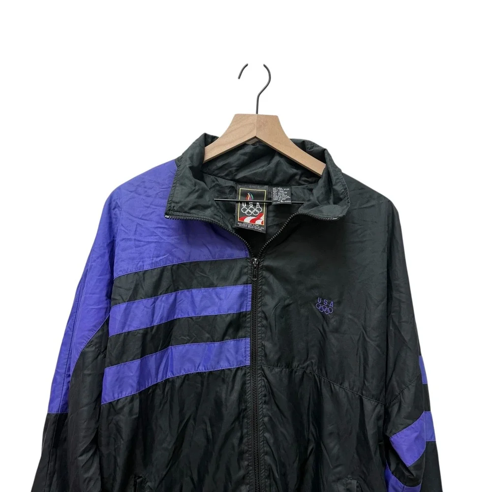 Vintage USA Olympic Track Jacket Black Purple‎ Stripes Mens XL